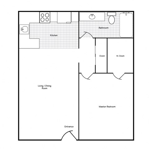 Floor plan for 1 bed, 1 bath, 625 sqft